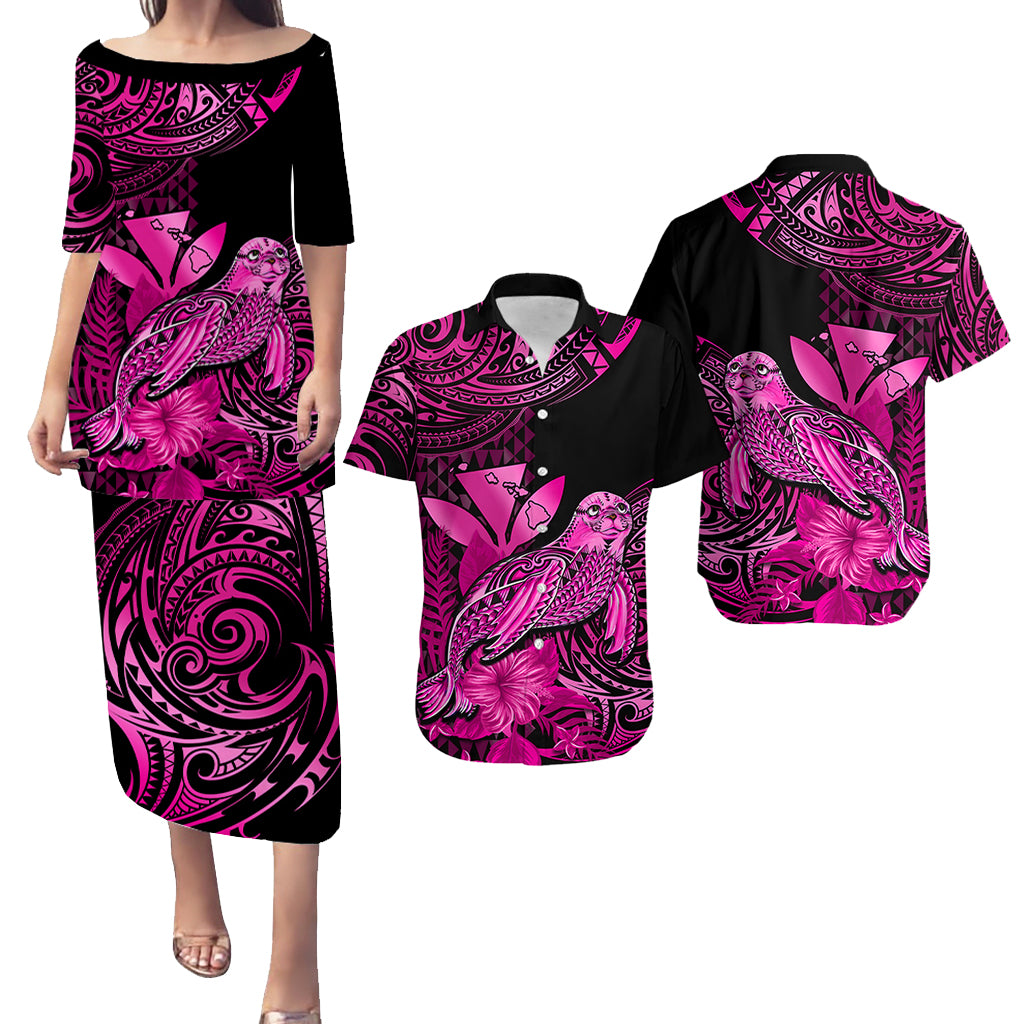 Matching Outfit For Couples Hawaii Monk Seal Puletasi Dress and Hawaiian Shirt Polynesian Kakau With Kanaka Pink LT14 Pink - Polynesian Pride