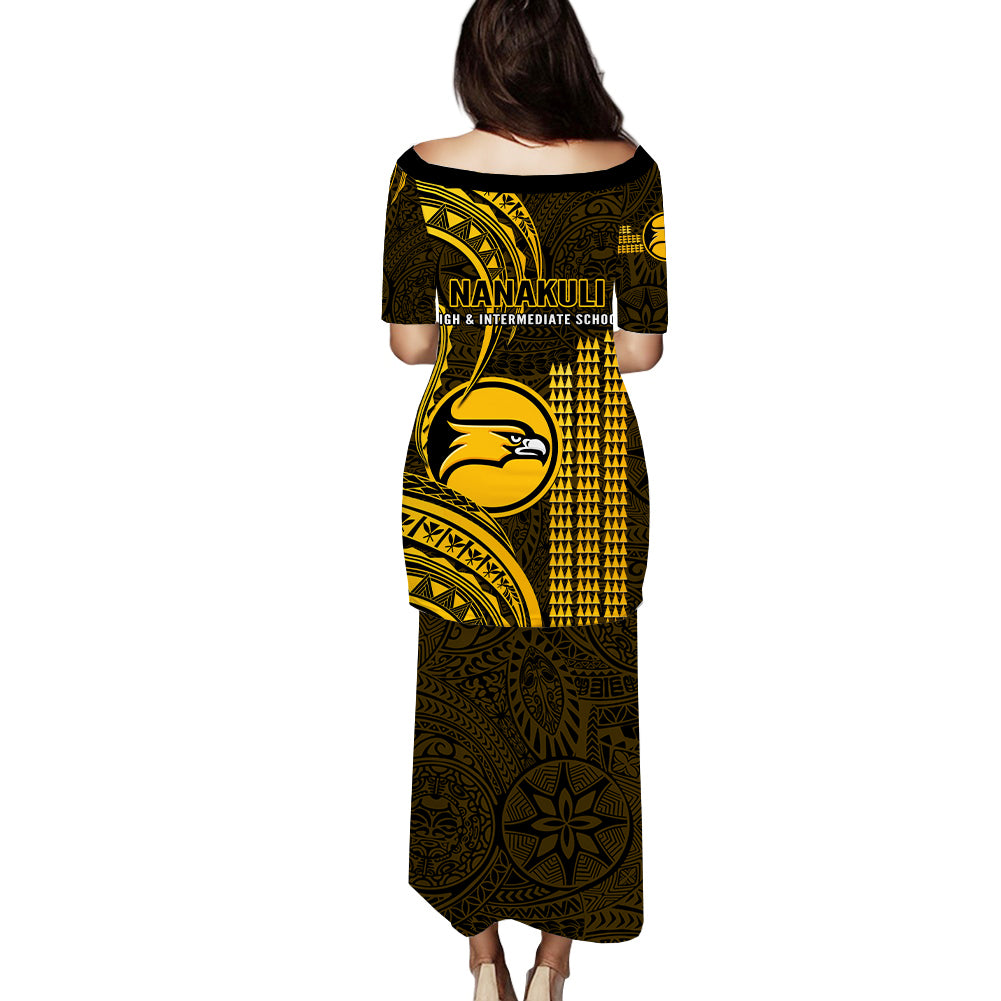 Matching Outfit For Couples Hawaii Nanakuli High And Intermediate School Puletasi Dress and Hawaiian Shirt Polynesian Kakau Pattern LT14 - Polynesian Pride
