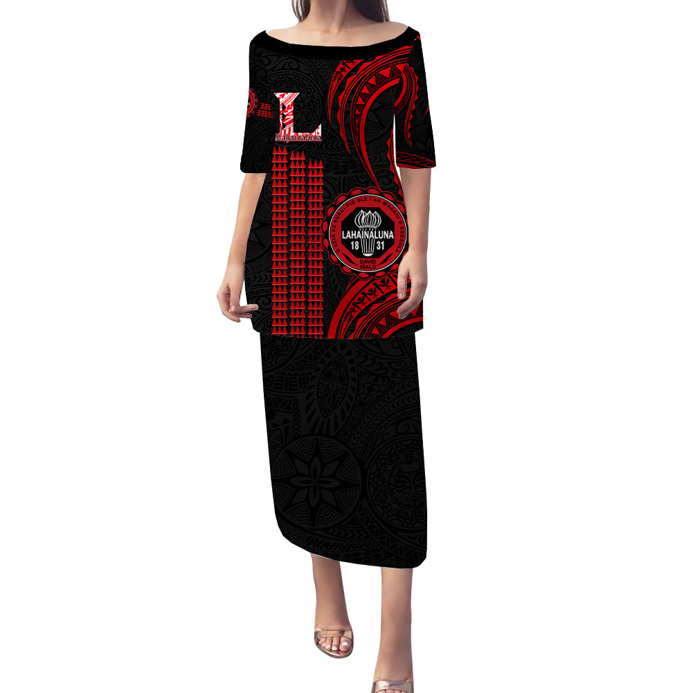 Matching Outfit For Couples Hawaii Lahainaluna High School Puletasi Dress and Hawaiian Shirt Polynesian Kakau Pattern LT14 - Polynesian Pride