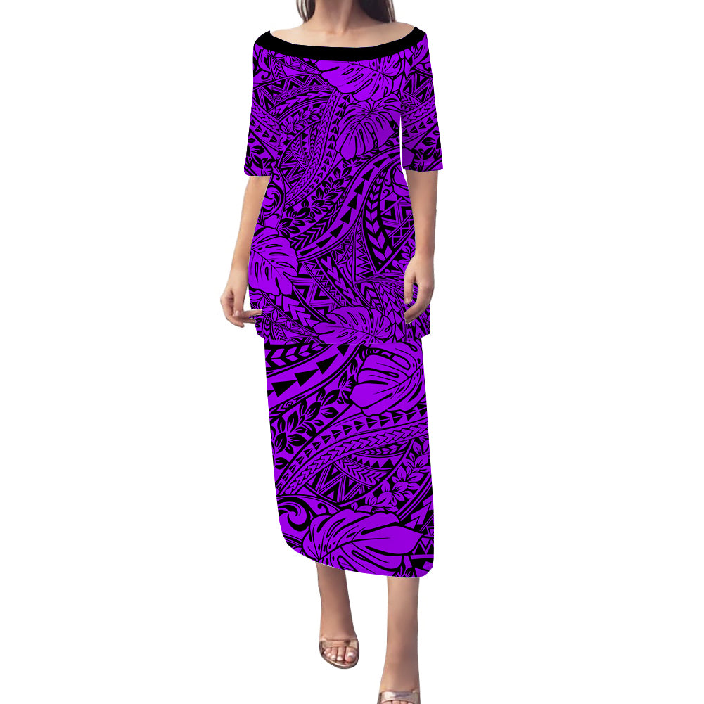 Personalised Hawaii Matching Couple Outfits For Vacation Puletasi Dress and Hawaiian Shirt Purple Polynesian Tribal Art LT14 - Polynesian Pride