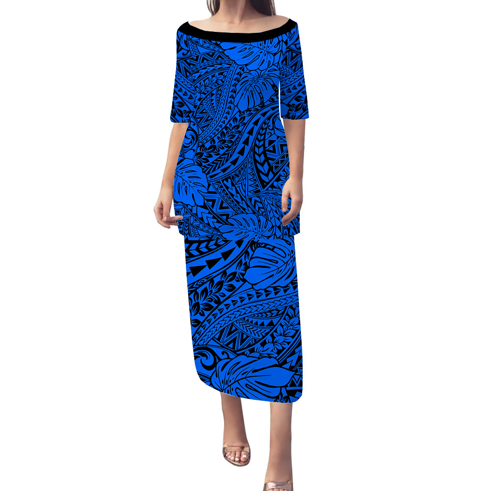 Personalised Hawaii Matching Couple Outfits For Vacation Puletasi Dress and Hawaiian Shirt Blue Polynesian Tribal Art LT14 - Polynesian Pride