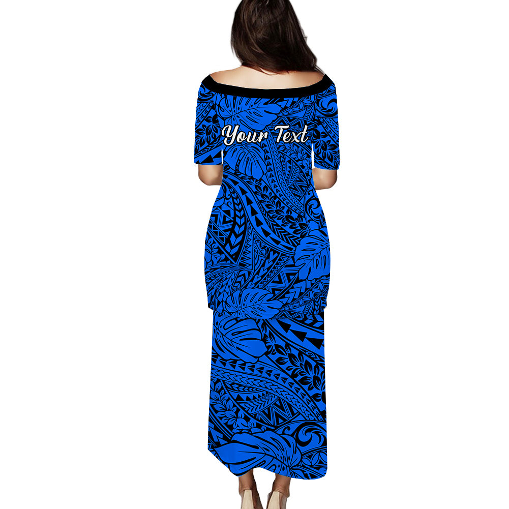 Personalised Hawaii Matching Couple Outfits For Vacation Puletasi Dress and Hawaiian Shirt Blue Polynesian Tribal Art LT14 - Polynesian Pride