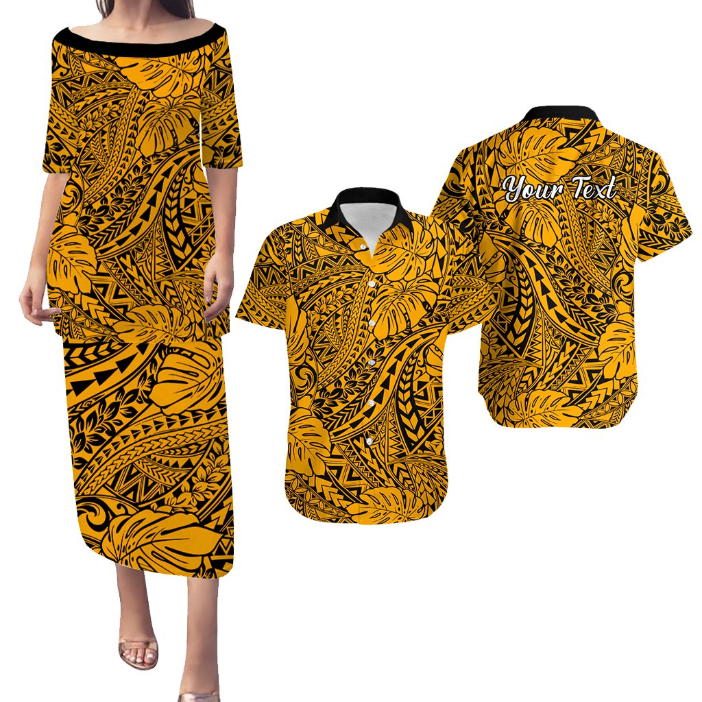 Personalised Hawaii Matching Couple Outfits For Vacation Puletasi Dress and Hawaiian Shirt Gold Polynesian Tribal Art LT14 Gold - Polynesian Pride