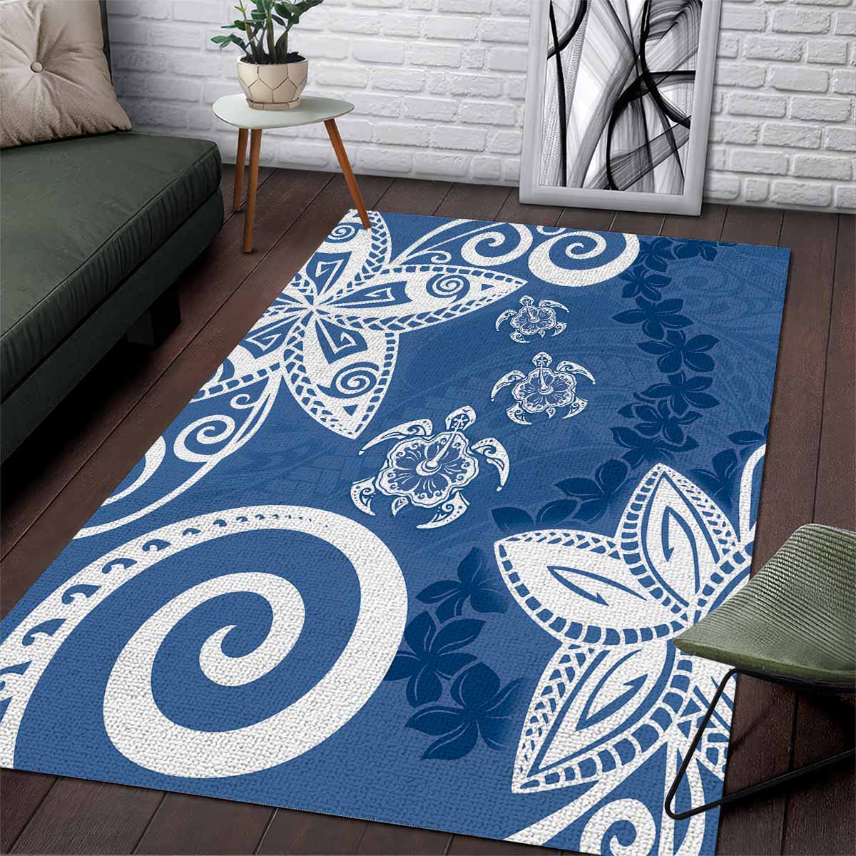 Polynesia Area Rug Blue Tribal Turtle Floral Pattern LT05 Blue - Polynesian Pride