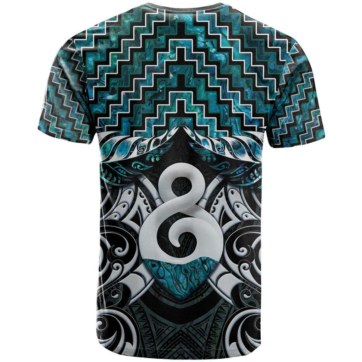 New Zealand Maori T Shirt Poutama Pikorua - Single Twist Turquoise Paua Shell LT05 - Polynesian Pride