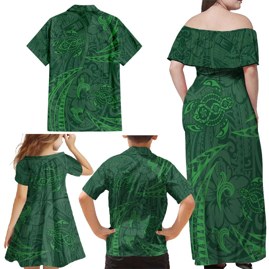 Polynesian Tribal Green Family Matching Off Shoulder Maxi Dress and Hawaiian Shirt Turtle Tattoo LT05 - Polynesian Pride