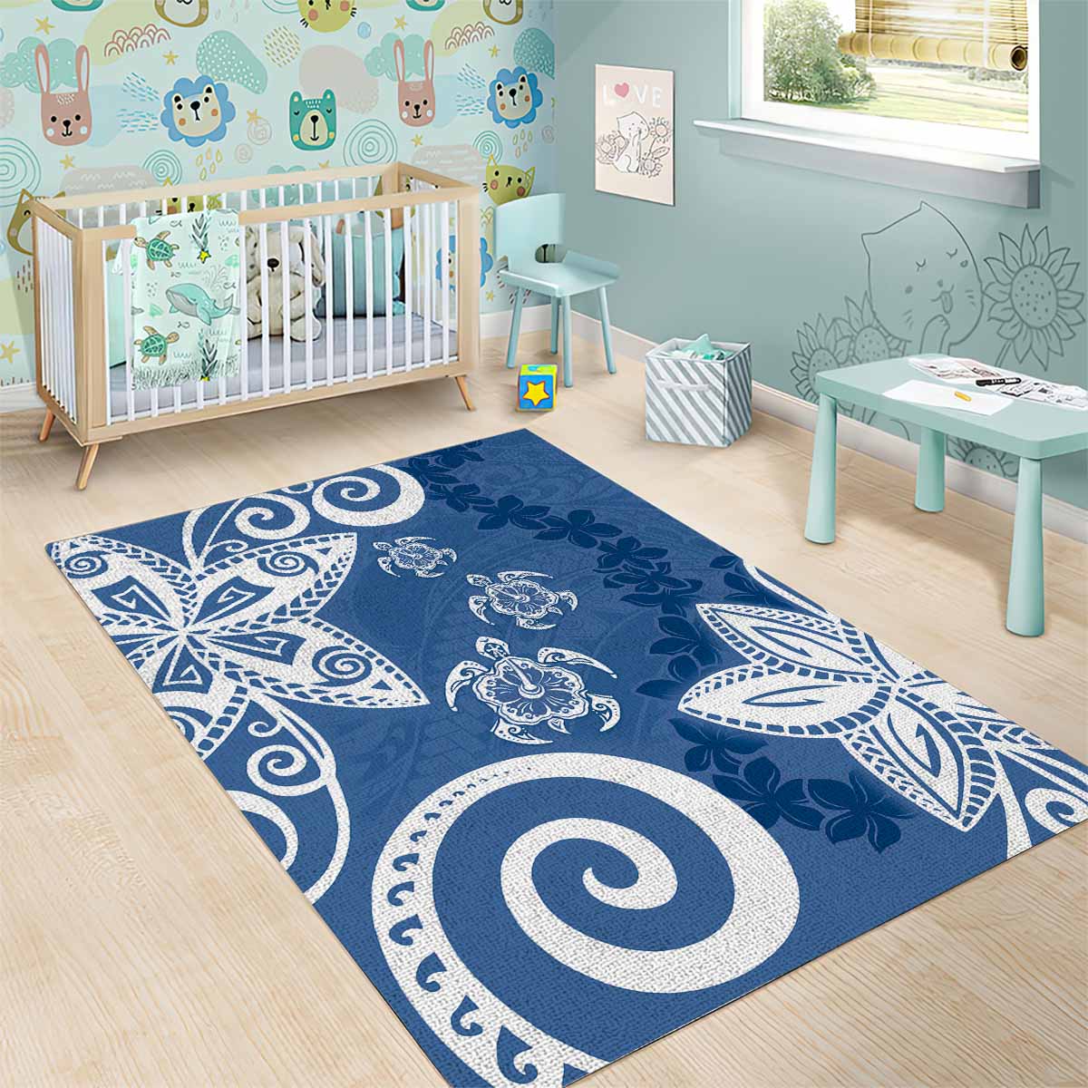 Polynesia Area Rug Blue Tribal Turtle Floral Pattern LT05 - Polynesian Pride