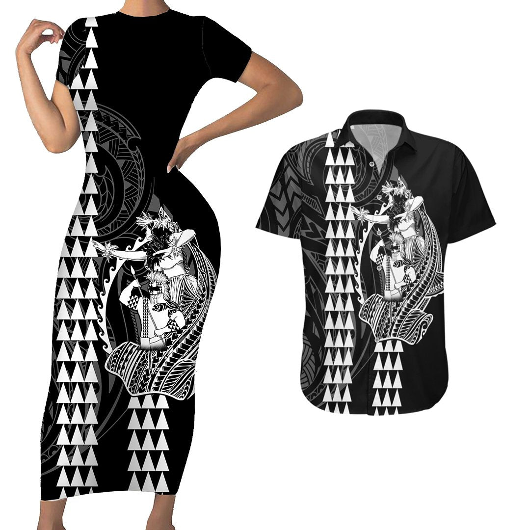 Polynesian Couples Matching Outfits Combo Bodycon Dress And Hawaii Shirt Hawaiian Warrior and Aloha Girl With Hammerhead Shark Tattoos White LT6 4XL - Polynesian Pride