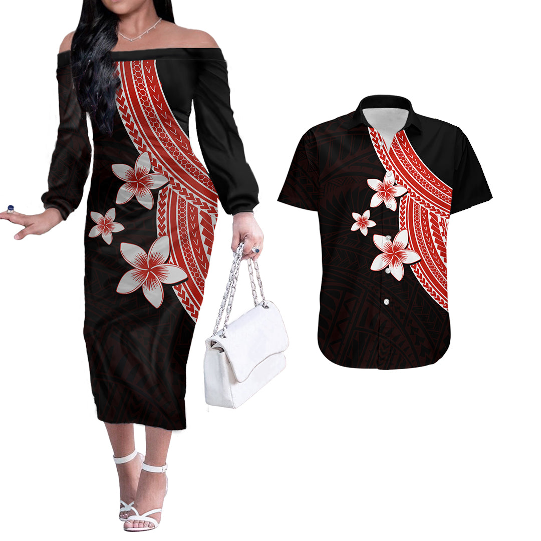 Polynesian Couples Matching Outfits Combo Long Sleeve Dress With Plumeria Flower Red LT6 Red - Polynesian Pride