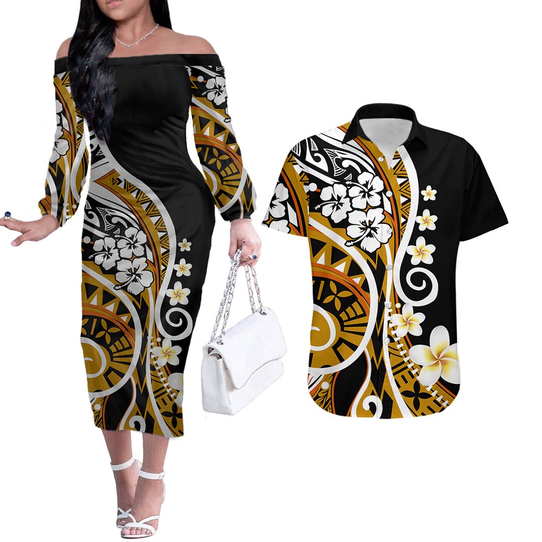 Plumeria Polynesian Couples Matching Outfits Combo Long Sleeve Dress Trending Gold LT6 Gold - Polynesian Pride