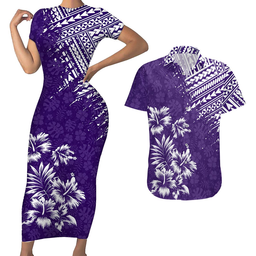 Hawaii Summer Couples Matching Outfits Combo Bodycon Dress And Hawaii Shirt Mix Polynesian Purple LT6 4XL - Polynesian Pride