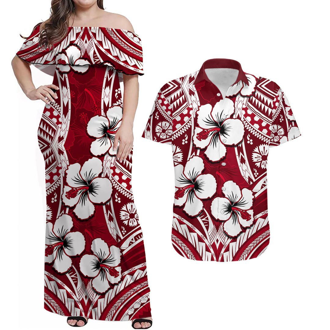 Polynesian Hibiscus Matching Hawaiian Shirt and Dress Fiji Patterns Red LT6 Red - Polynesian Pride