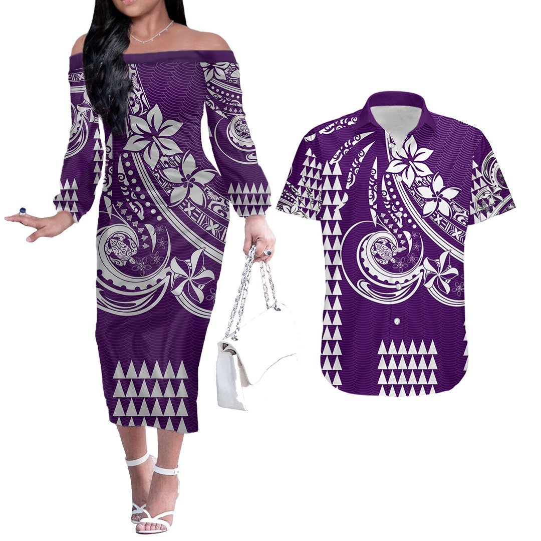 Kakau Hawaiian Polynesian Couples Matching Outfits Combo Long Sleeve Dress And Hawaiian Shirt Purple LT6 4XL - Polynesian Pride