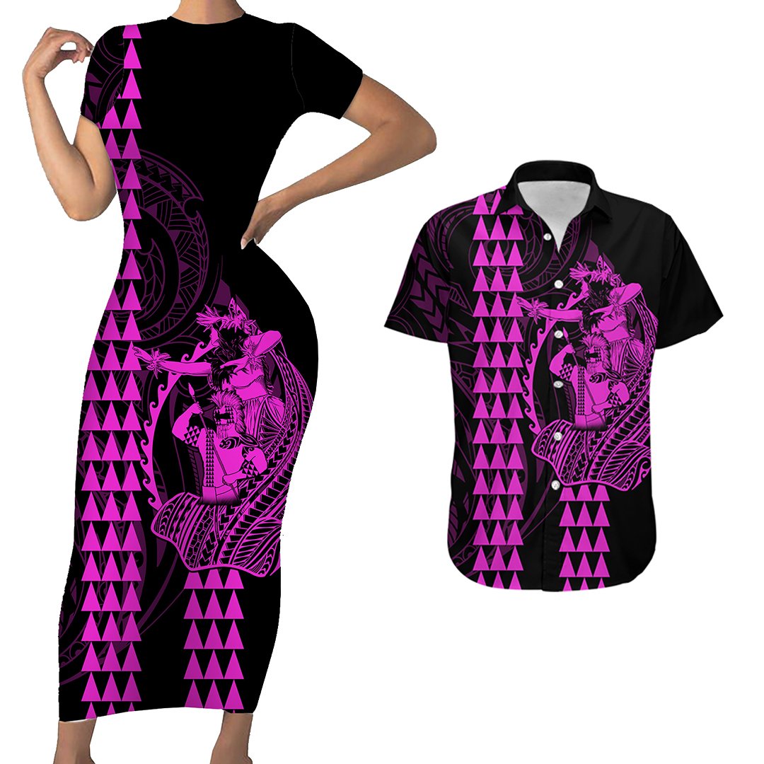 Polynesian Couples Matching Outfits Combo Bodycon Dress And Hawaii Shirt Hawaiian Warrior and Aloha Girl With Hammerhead Shark Tattoos Purple LT6 4XL - Polynesian Pride