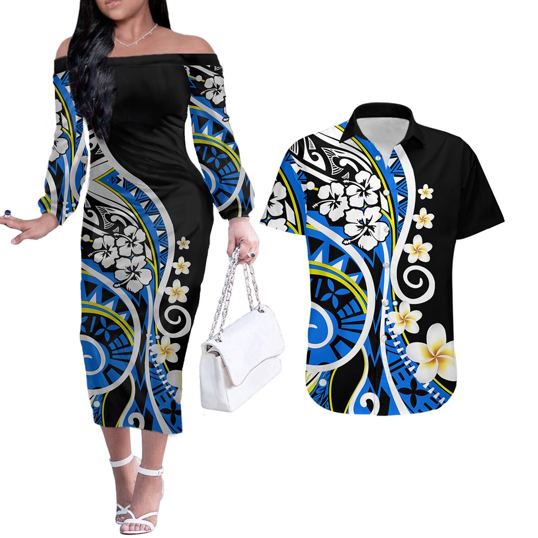 Plumeria Polynesian Couples Matching Outfits Combo Long Sleeve Dress Trending Blue LT6 Blue - Polynesian Pride