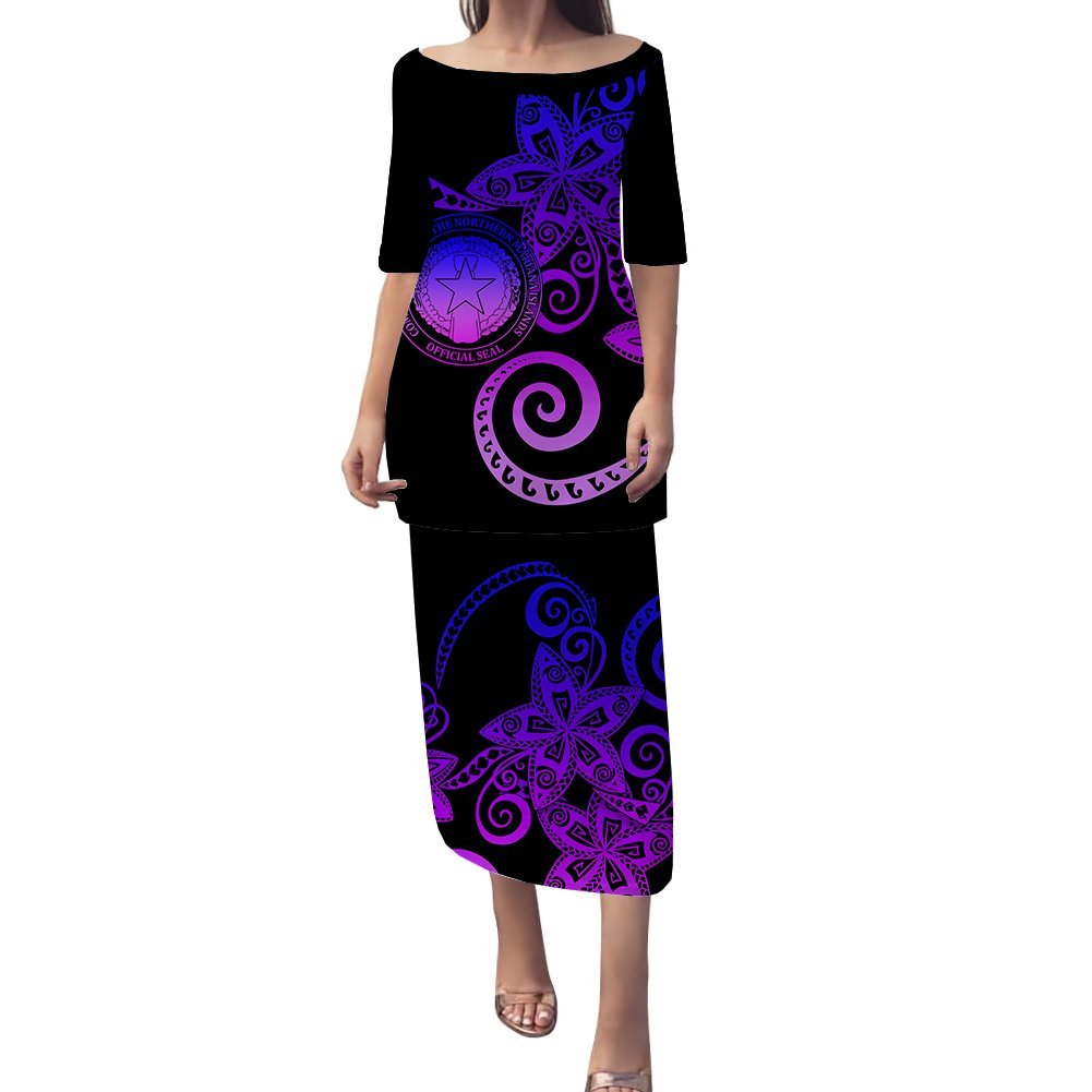 Northern Mariana Islands Plumeria Polynesian Tribal Puletasi Dress - LT12 Long Dress Black - Polynesian Pride
