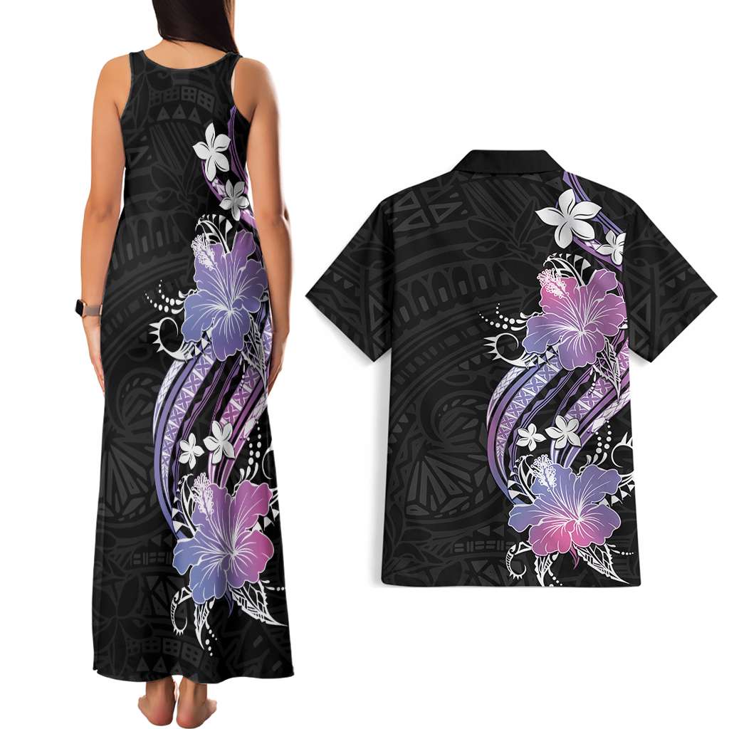 Black Galaxy Polynesian Pattern With Tropical Flowers Couples Matching Tank Maxi Dress and Hawaiian Shirt LT05 - Polynesian Pride