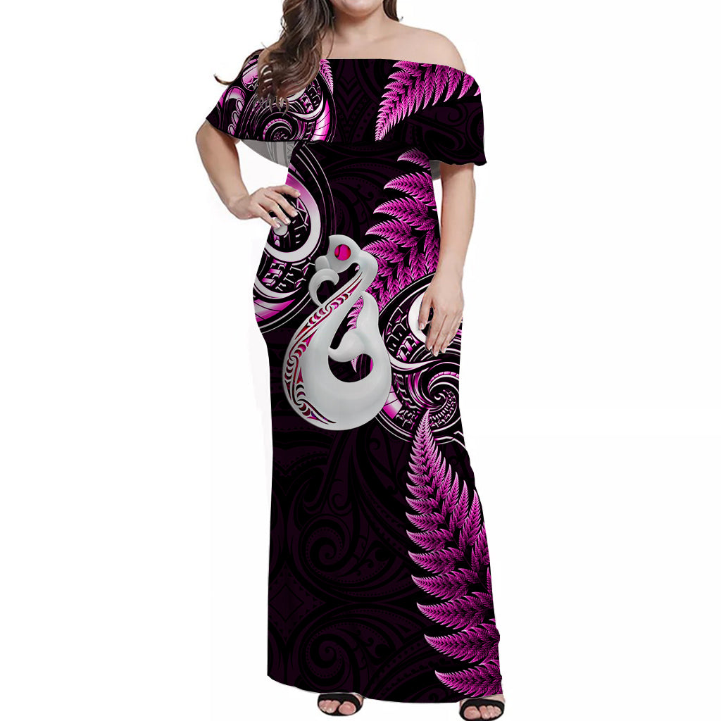 Personalised New Zealand Couples Off Shoulder Maxi Dress and Long Sleeve Button Shirts Aotearoa Silver Fern With Manaia Maori Unique Pink LT14 - Polynesian Pride