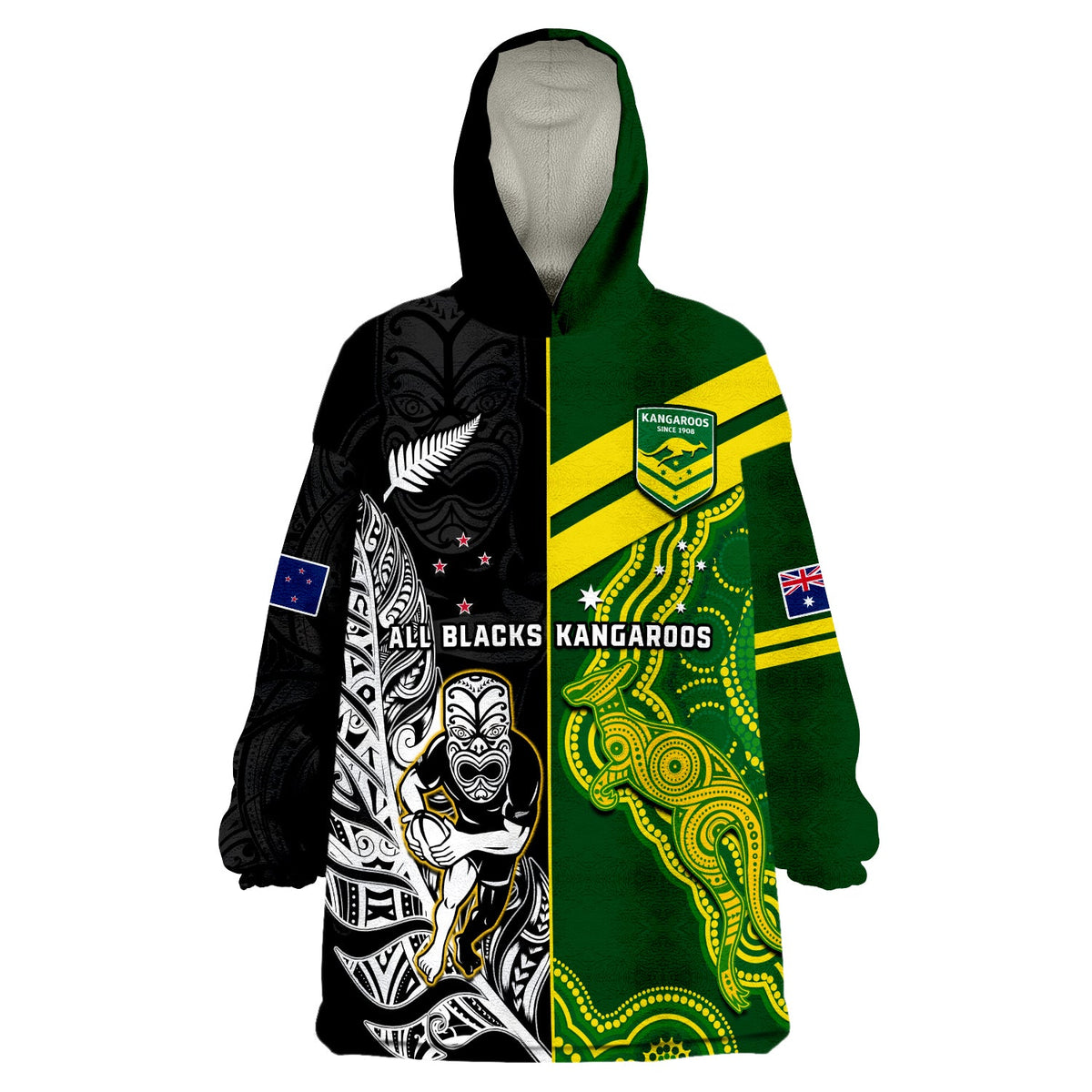(Custom Personalised) Australia Kangaroos And All Black Rugby Wearable Blanket Hoodie Aboriginal Mix NZ Maori Fern LT14 Unisex One Size - Polynesian Pride
