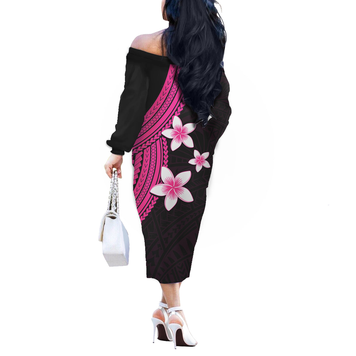 Polynesian Couples Matching Outfits Combo Long Sleeve Dress With Plumeria Flower Pink LT6 - Polynesian Pride
