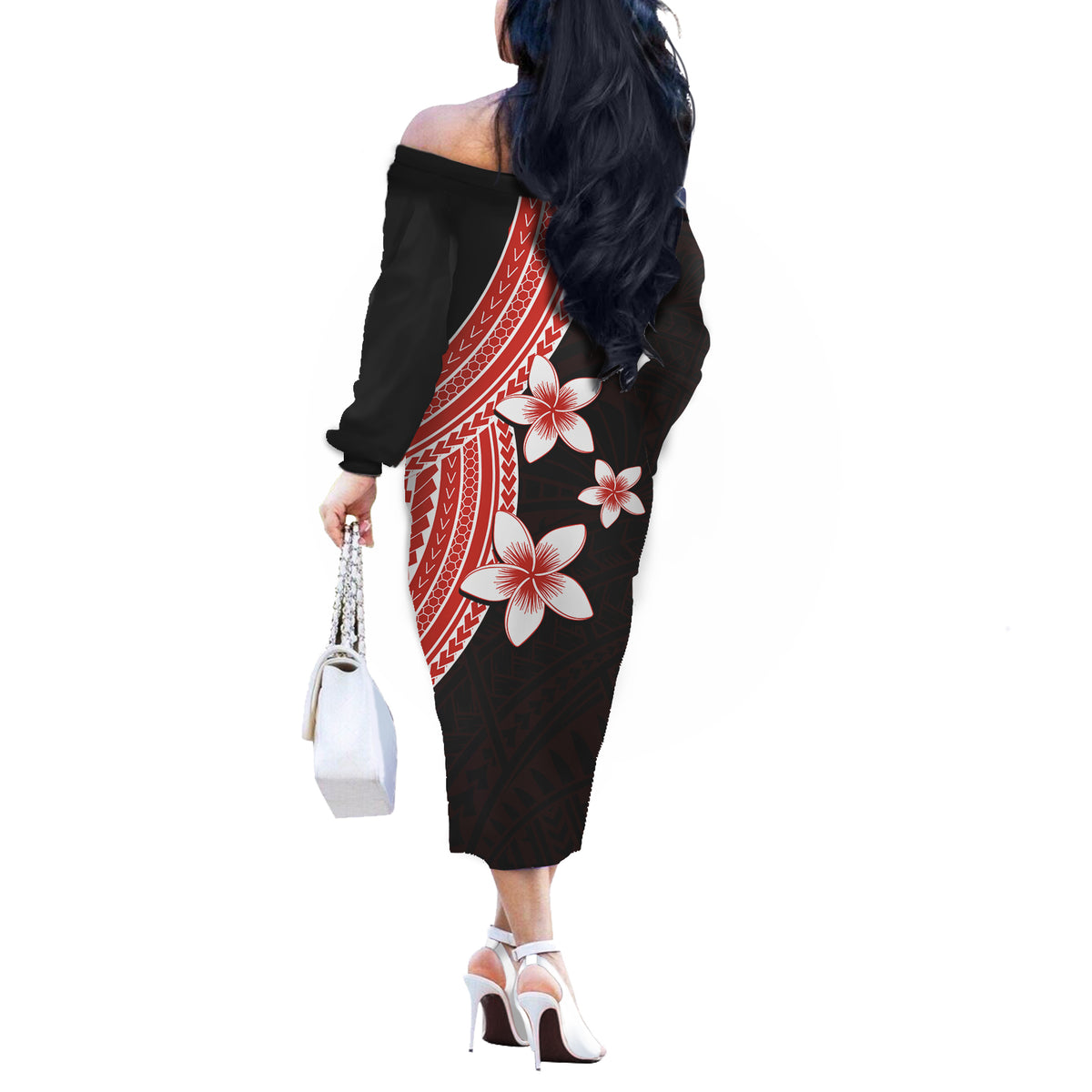 Polynesian Couples Matching Outfits Combo Long Sleeve Dress With Plumeria Flower Red LT6 - Polynesian Pride