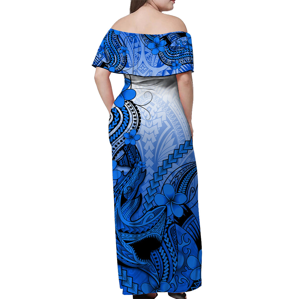 Blue Hawaii Family Matching Outfits Off Shoulder Maxi Dress And Hawaiian Shirt Polynesian Shark Tattoo LT14 - Polynesian Pride