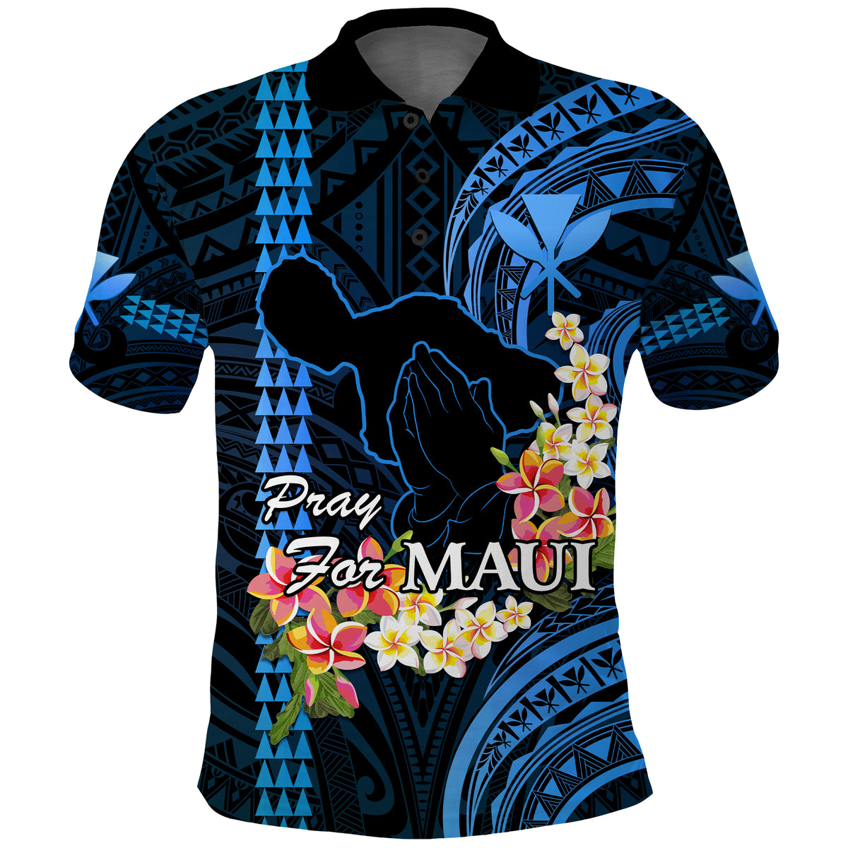 Personalised Hawaii Polo Shirt Pray For Maui Hawaiian Plumeria Pattern Blue Version LT14 Blue - Polynesian Pride