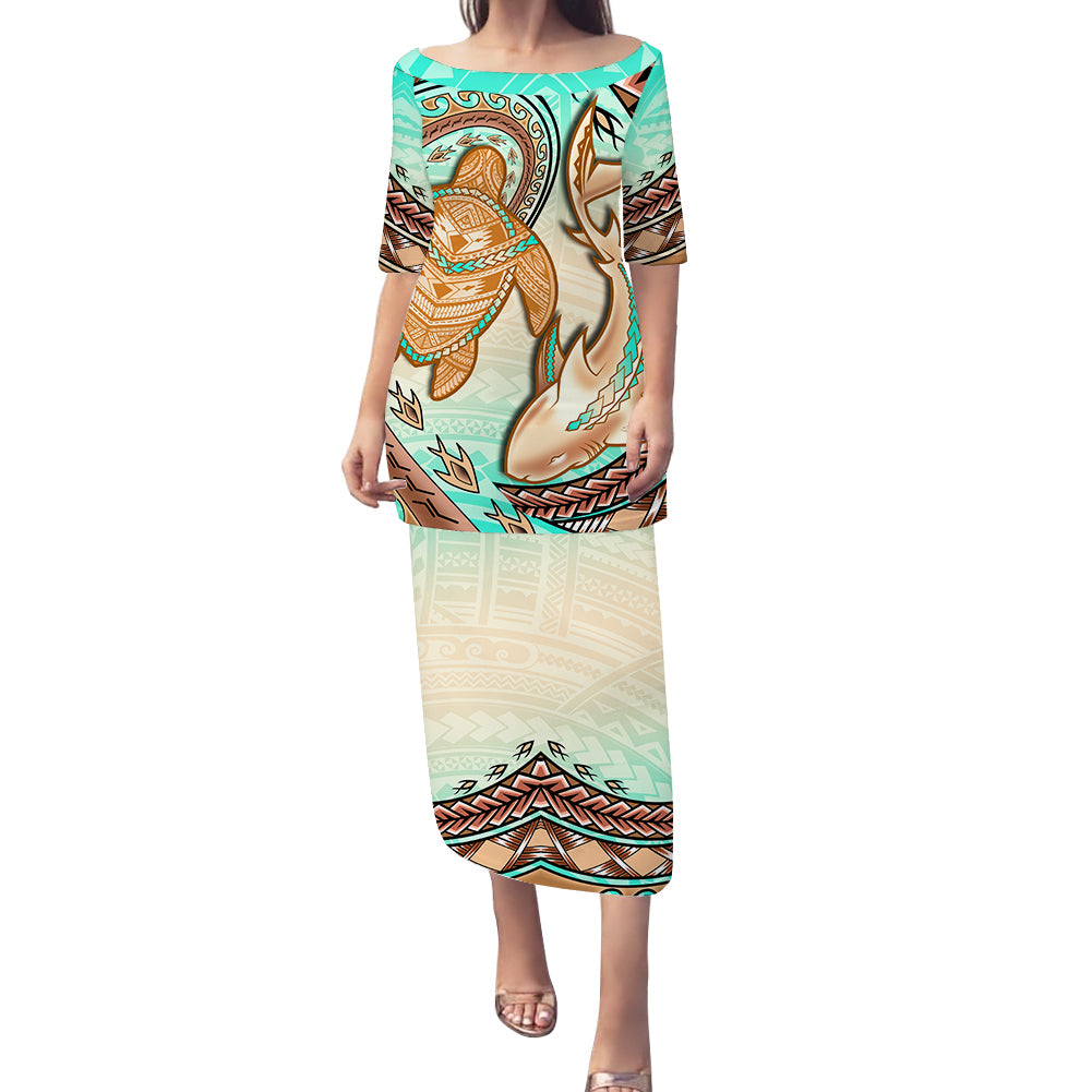 Hawaii Couples Matching Puletasi Dress And Hawaiian Shirt Polynesian Shark And Sea Turtle Dreamy Turquoise LT14 No Shirt Turquoise - Polynesian Pride