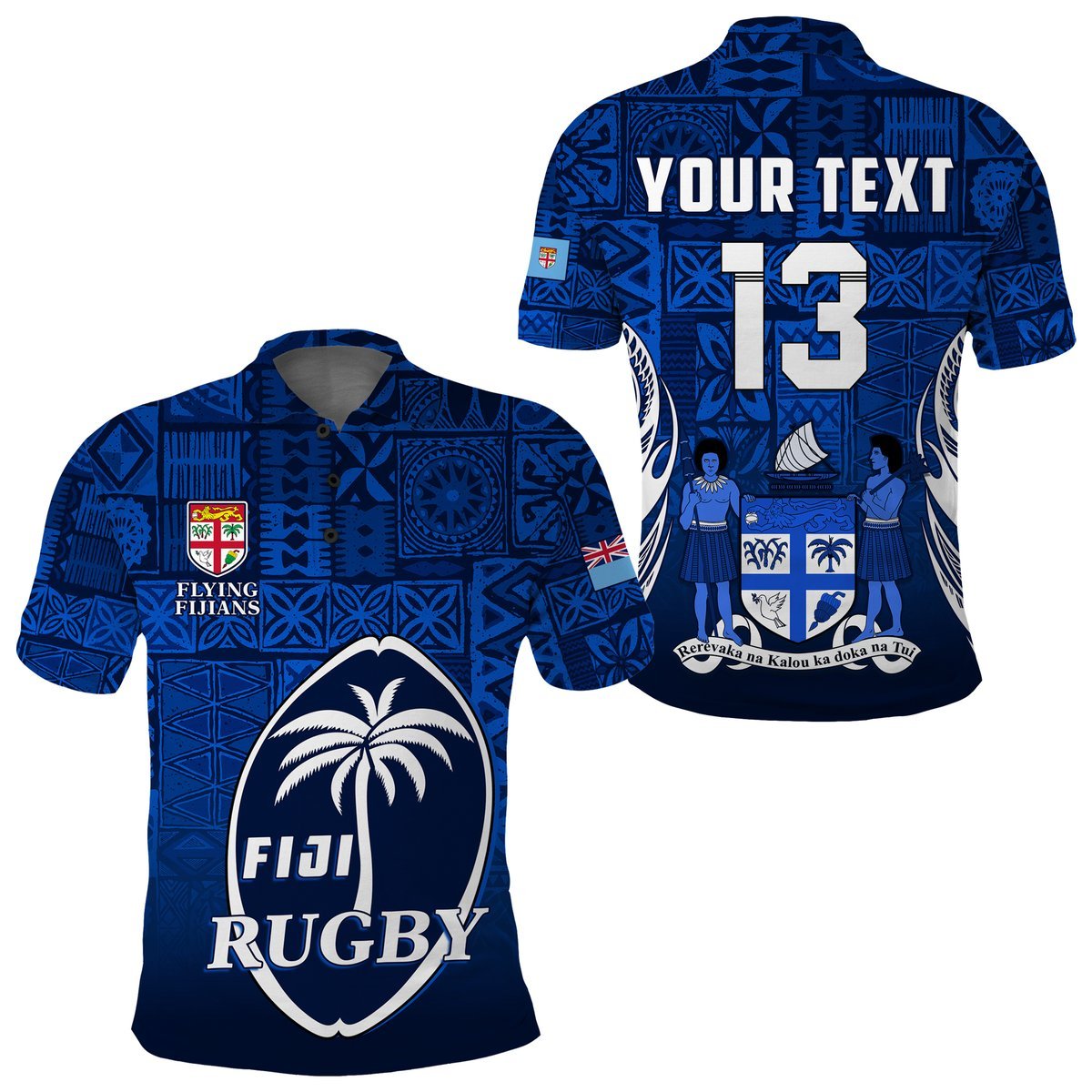 (Custom Text and Number) Fiji Rugby Polo Shirt Flying Fijians Blue Tapa Pattern LT13 Blue - Polynesian Pride