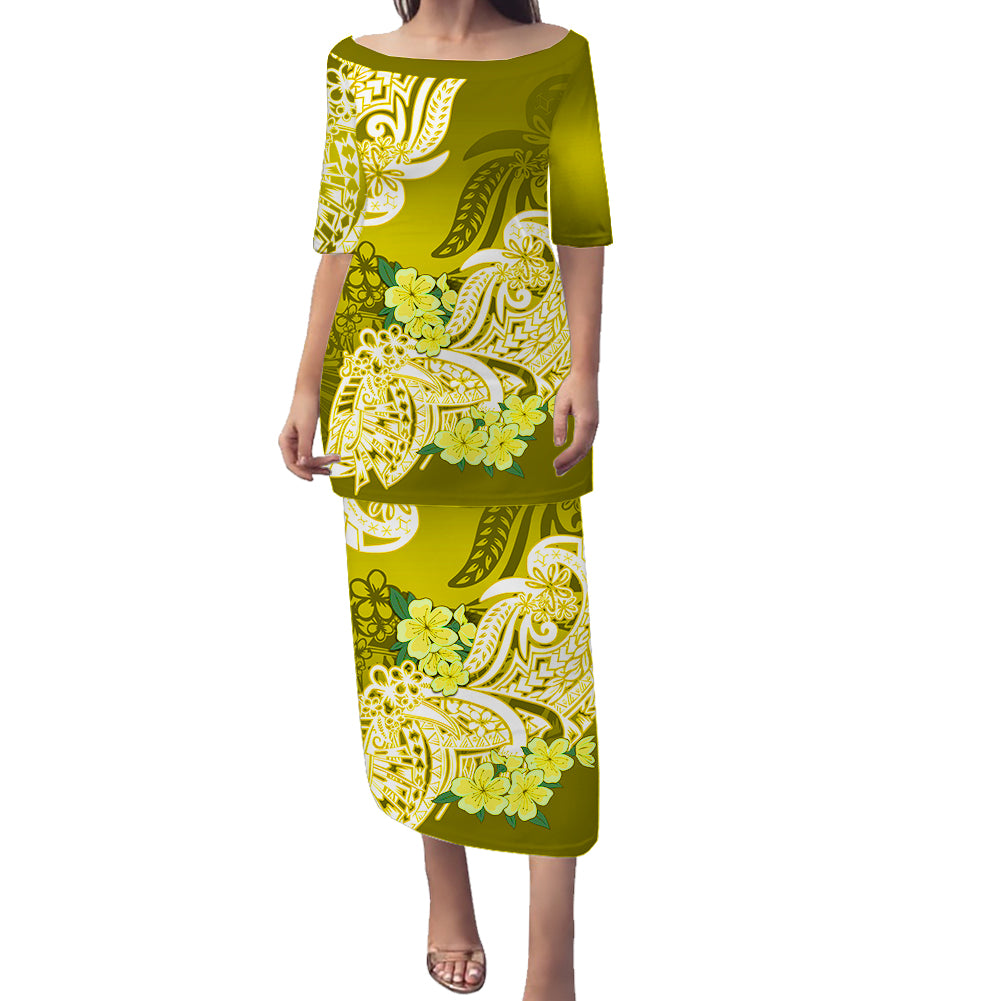Polynesian Matching Couple Outfit Floral Tribal Puletasi Dress and Hawaiian Shirt Yellow LT9 - Polynesian Pride