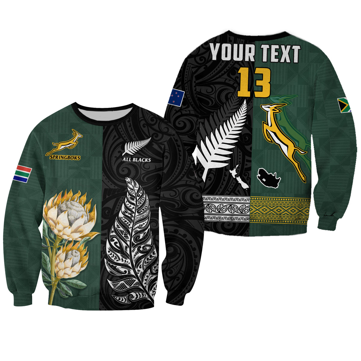 (Custom Text and Number) South Africa Protea and New Zealand Fern Sweatshirt Rugby Go Springboks vs All Black LT13 Unisex Art - Polynesian Pride