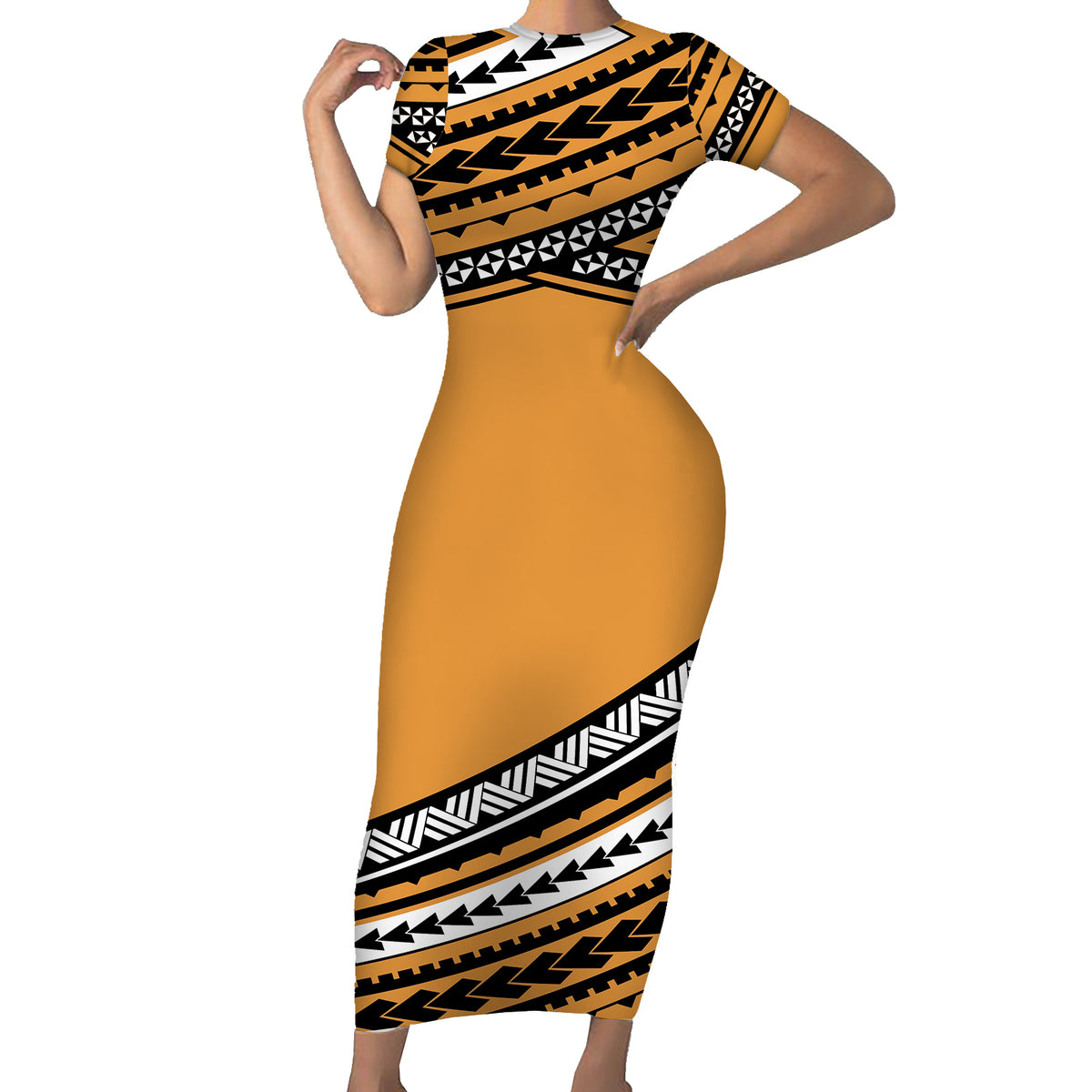 Polynesian Short Sleeve Body Long Dress Simple Gold No.1 LT6 Long Dress Gold - Polynesian Pride