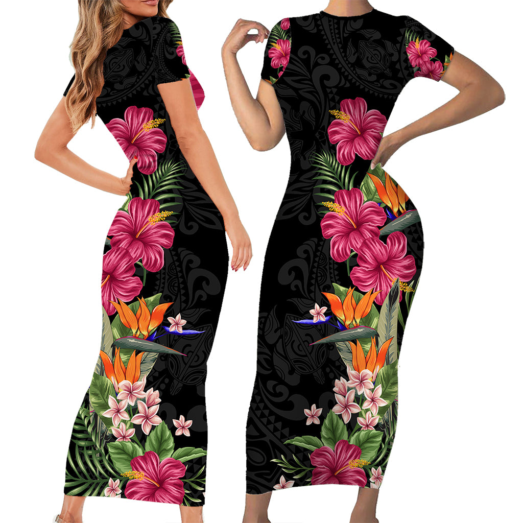 Hawaii Flowers Tribal Pattern Family Matching Short Sleeve Bodycon Dress and Hawaiian Shirt - LT9 - Polynesian Pride
