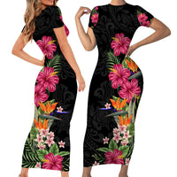 Hawaii Flowers Tribal Pattern Family Matching Short Sleeve Bodycon Dress and Hawaiian Shirt - LT9 - Polynesian Pride
