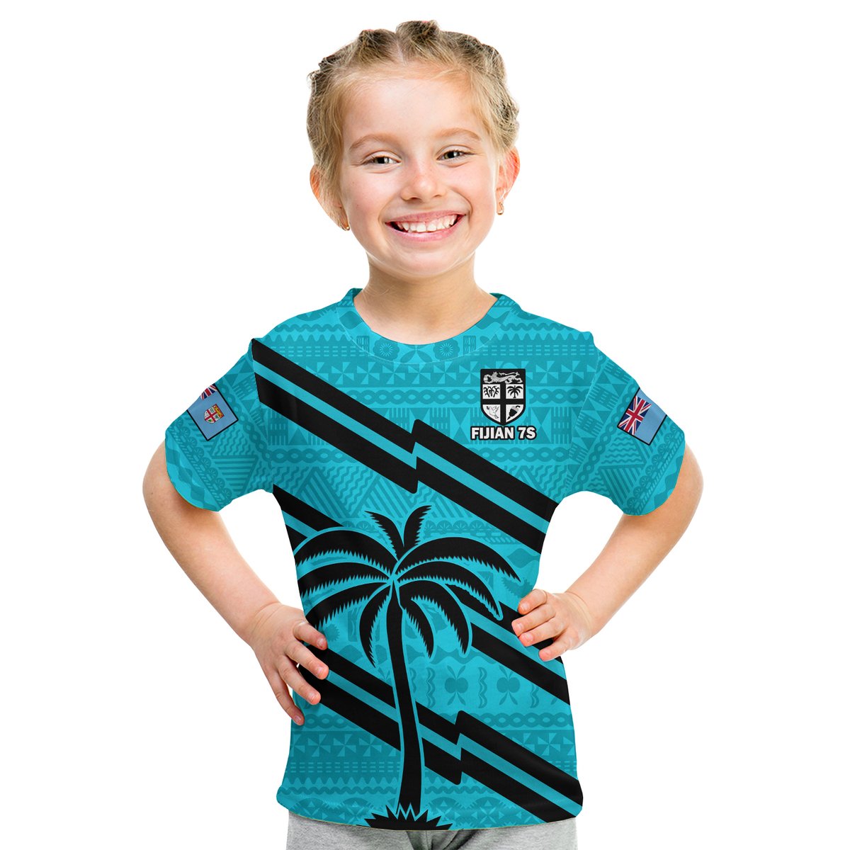 (Custom Text And Number) Fiji Rugby Tapa Pattern Fijian 7s Cyan Kid T Shirt LT14 Youth XL Size14 - Polynesian Pride
