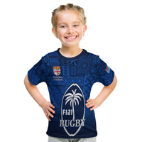 (Custom Text And Number) Fiji Rugby T Shirt Kid Flying Fijians Blue Tapa Pattern LT13 - Polynesian Pride