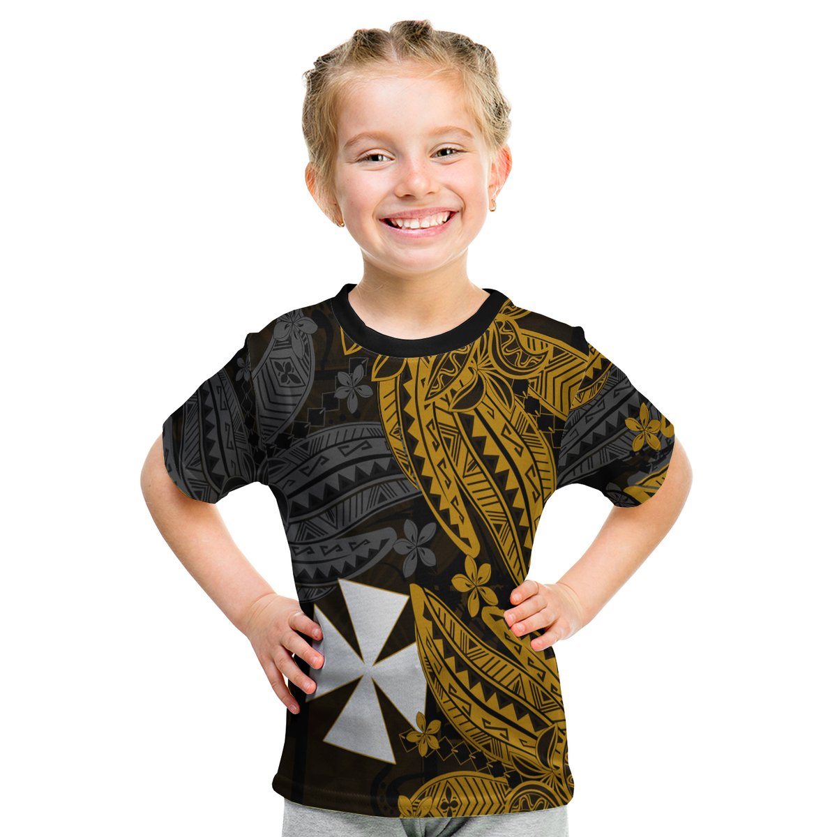 Wallis And Futuna T Shirt Kid Enjoy Polynesian Flowers Version Gold LT13 Youth XL Size14 - Polynesian Pride