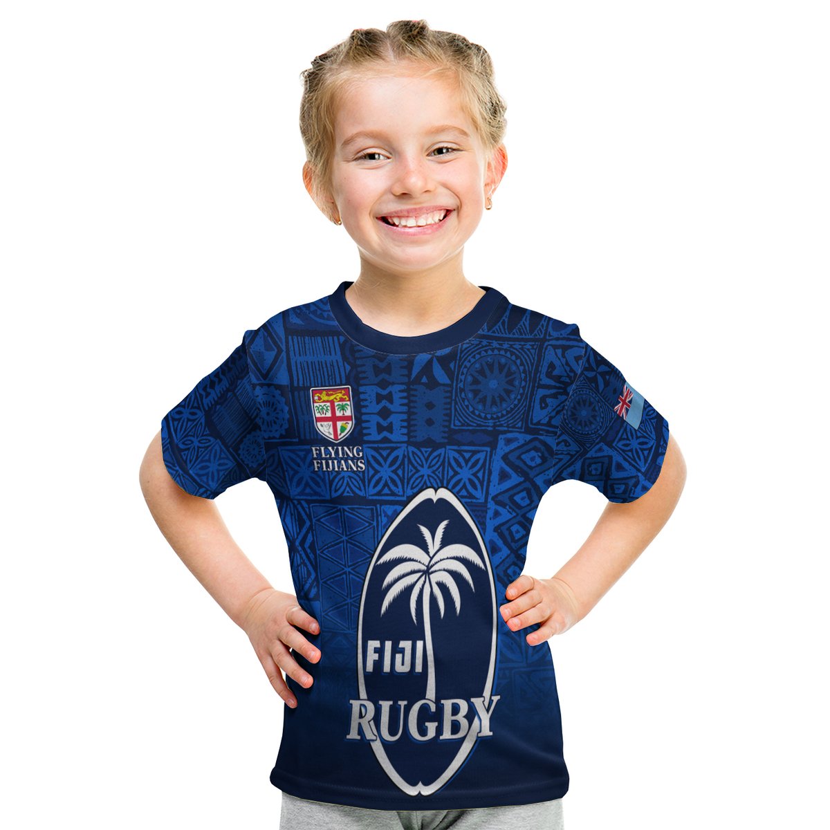 Fiji Rugby T Shirt Kid Flying Fijians Blue Tapa Pattern LT13 Youth XL Size14 - Polynesian Pride