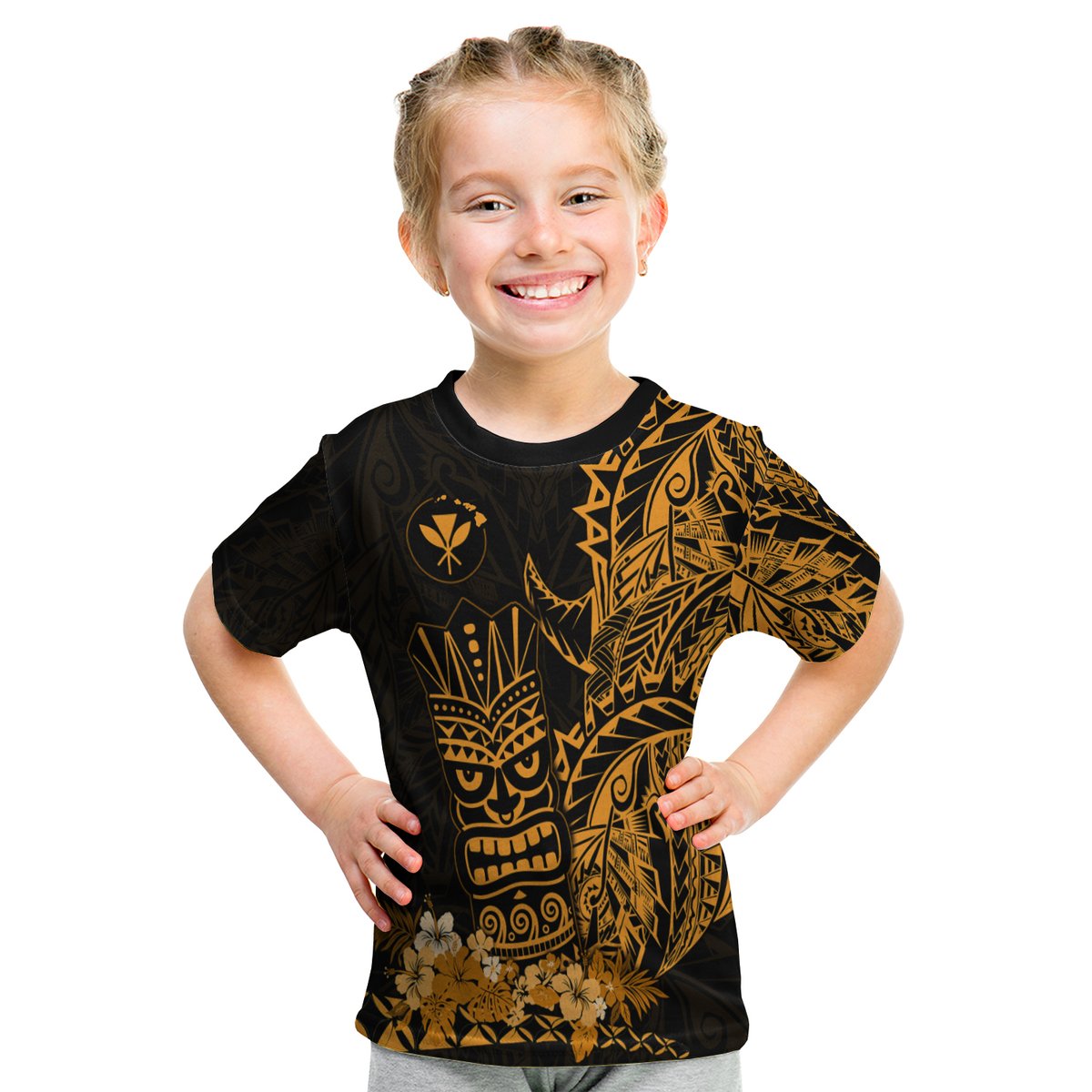Hawaii Polynesian T Shirt Kid Gold Tiki Masks Hawaiian LT13 Youth XL Size14 - Polynesian Pride