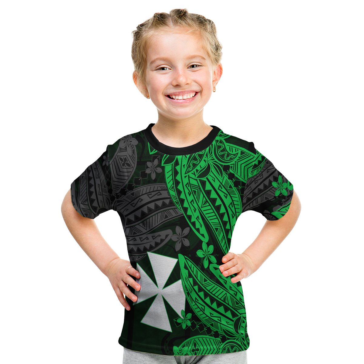 Wallis And Futuna T Shirt Kid Enjoy Polynesian Flowers Version Green LT13 Youth XL Size14 - Polynesian Pride