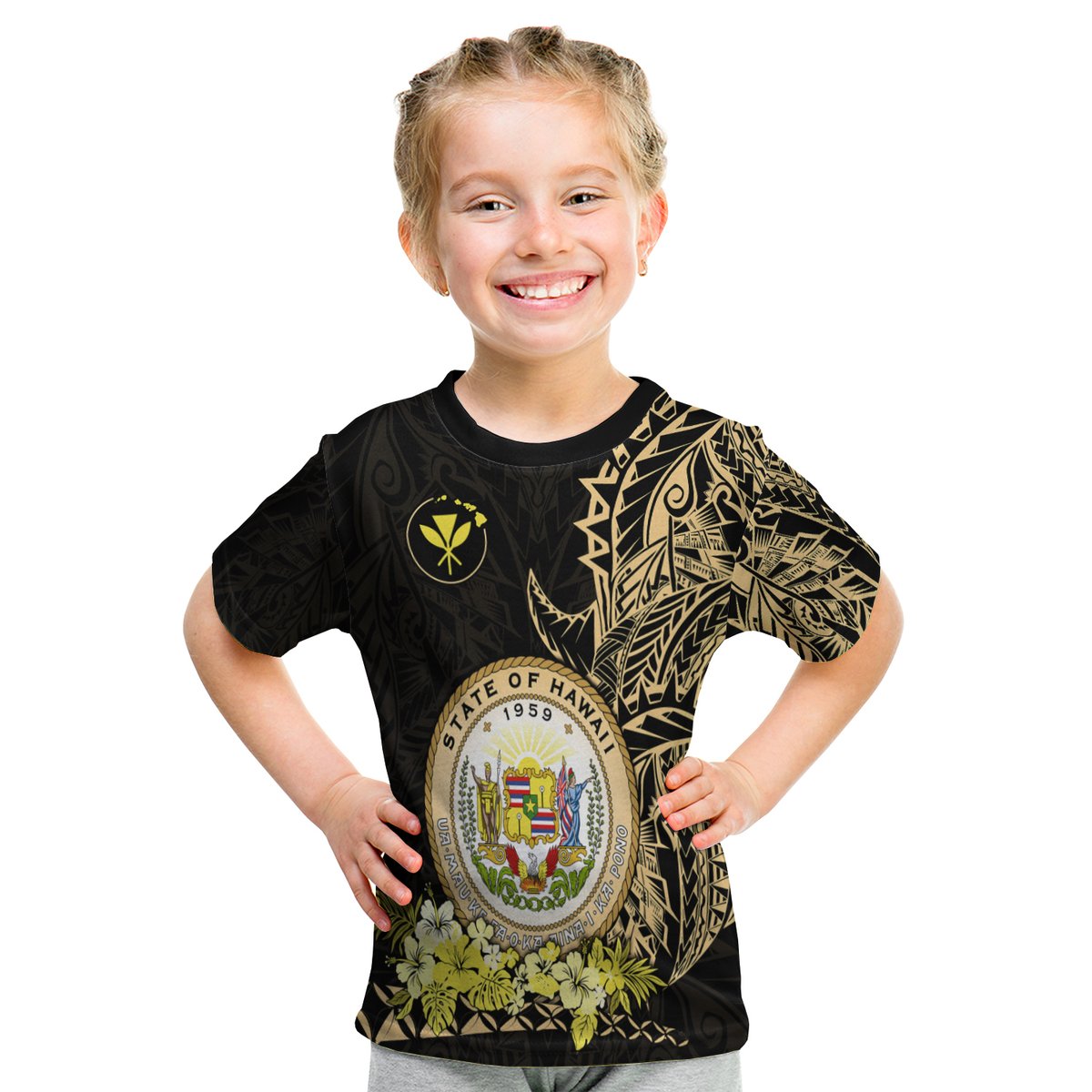 Hawaiian Polynesian T Shirt Kid Gold Seal Of Hawaii LT13 Youth XL Size14 - Polynesian Pride