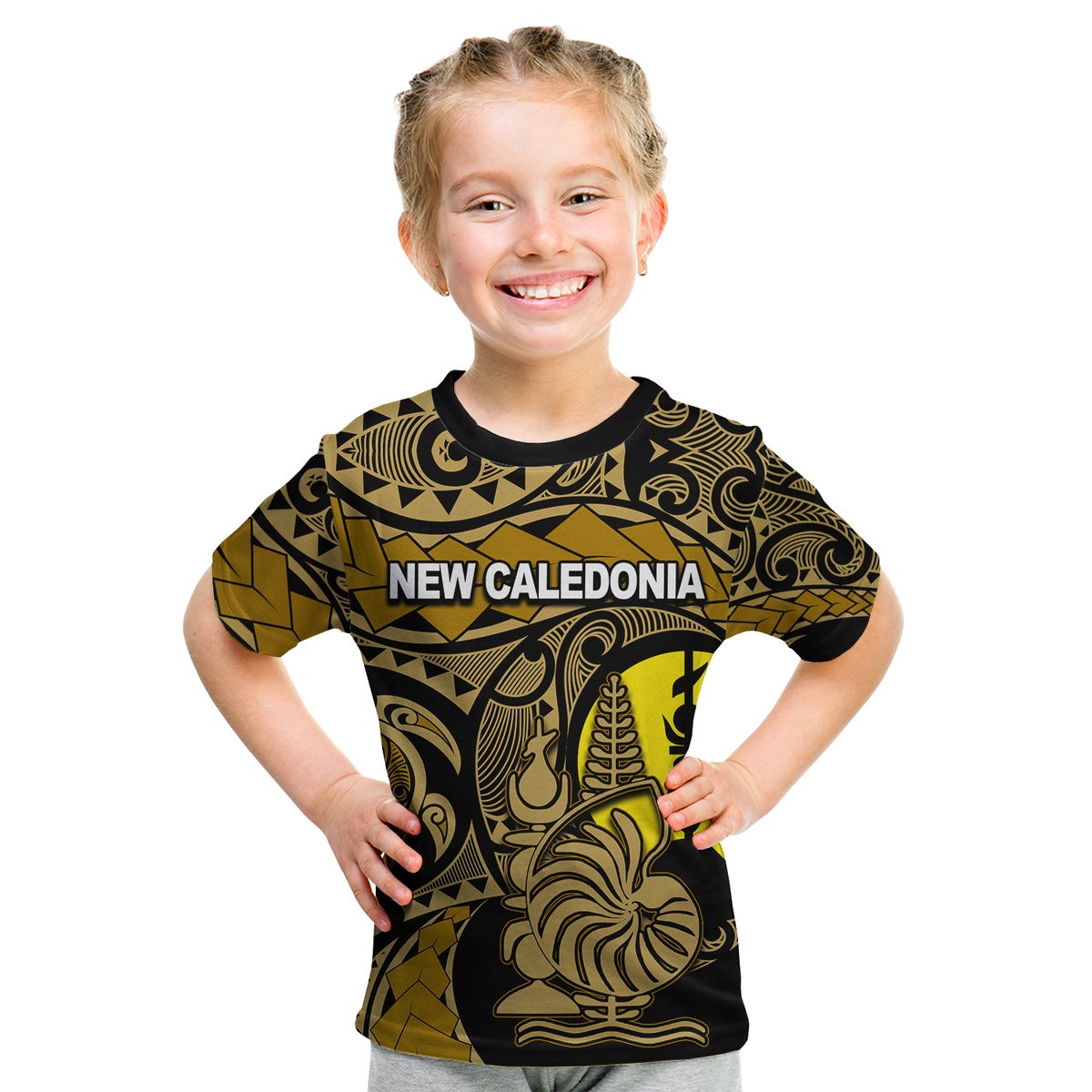 (Custom Personalised)New Caledonia T Shirt Kid Gold Color LT6 Youth XL Size14 - Polynesian Pride