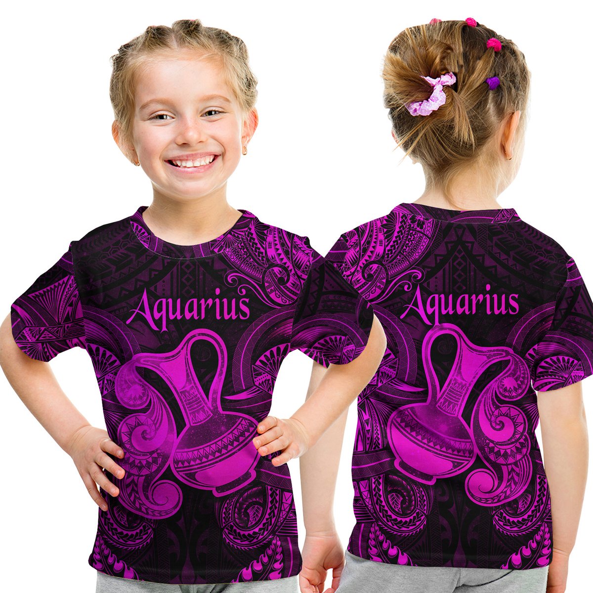 Aquarius Zodiac Polynesian T Shirt Kid Unique Style - Pink LT8 Youth XL Size14 - Polynesian Pride