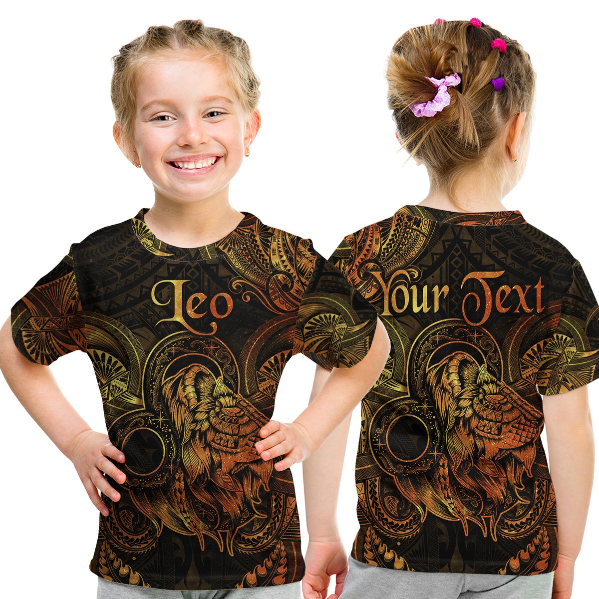 (Custom Personalised) Leo Zodiac Polynesian T Shirt Kid Unique Style - Gold LT8 Youth XL Size14 - Polynesian Pride