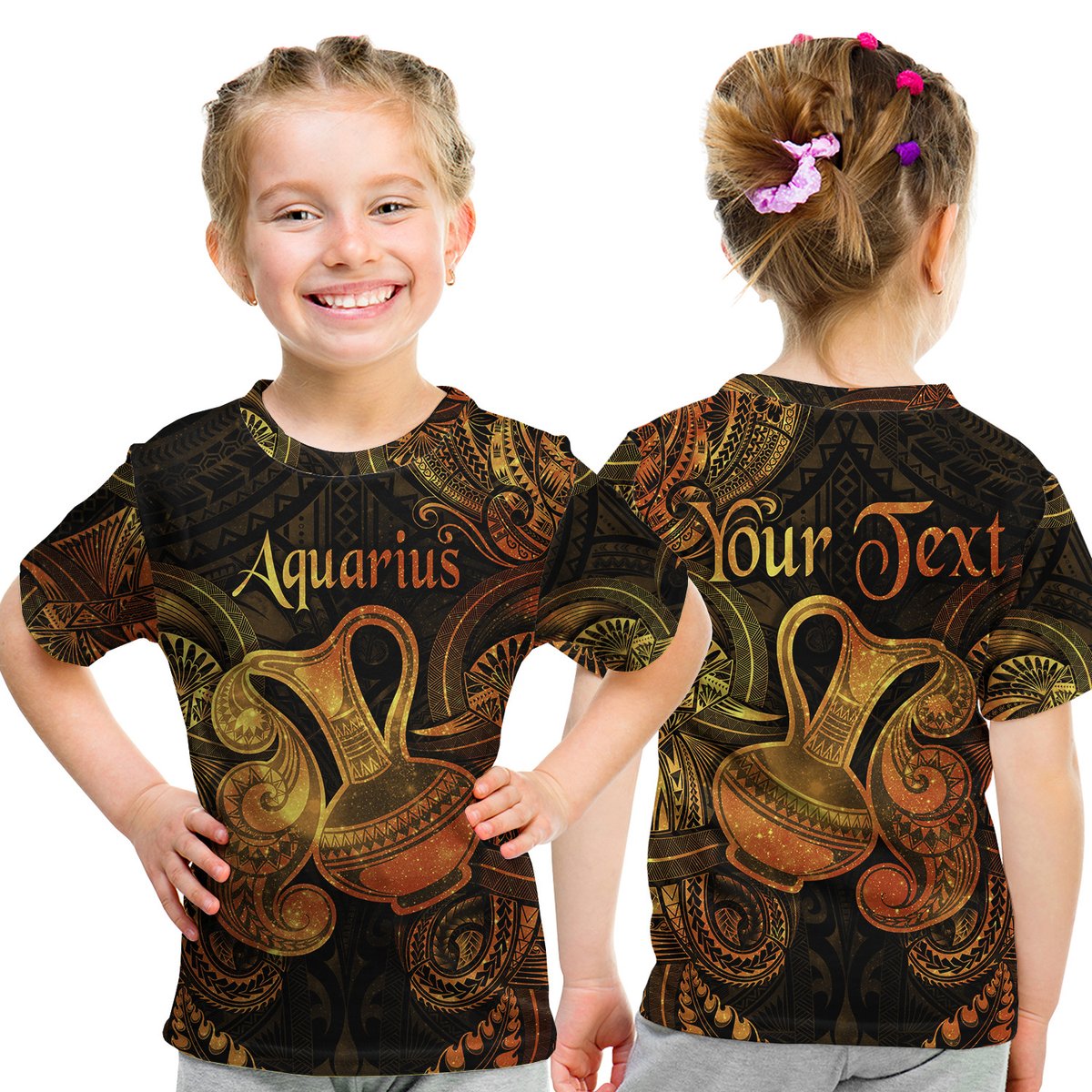 (Custom Personalised) Aquarius Zodiac Polynesian T Shirt Kid Unique Style - Gold LT8 Youth XL Size14 - Polynesian Pride