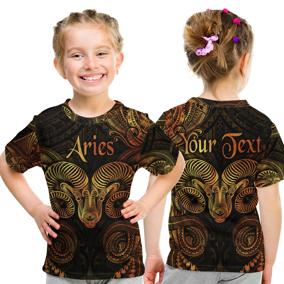 (Custom Personalised) Aries Zodiac Polynesian T Shirt Kid Unique Style - Gold LT8 Youth XL Size14 - Polynesian Pride