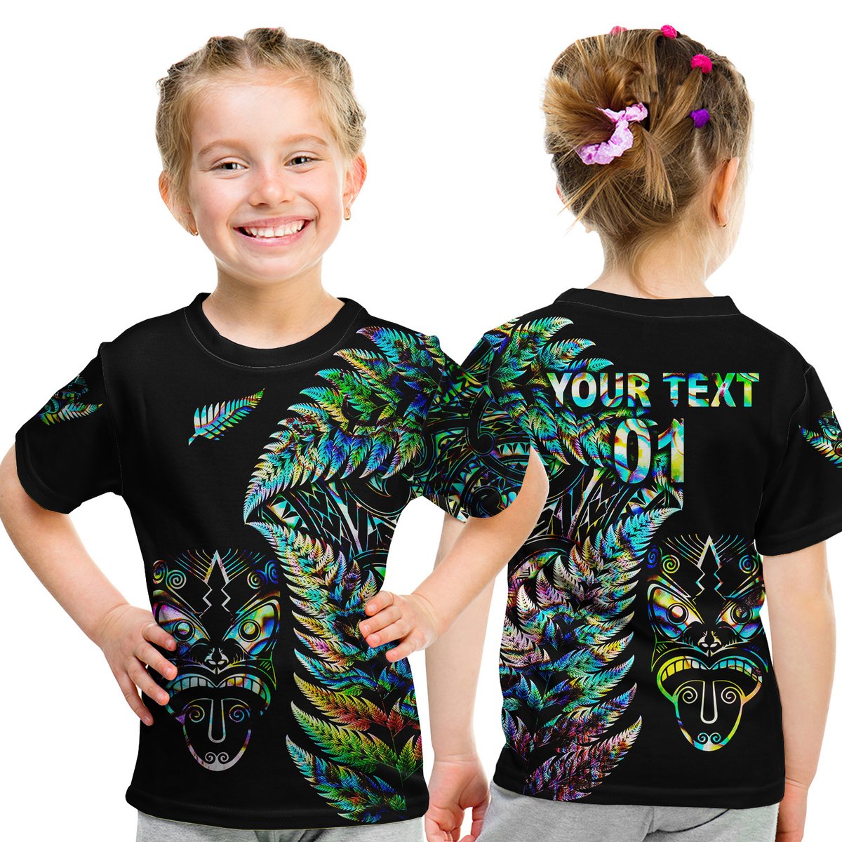 (Custom Personalised) New Zealand Haka Rugby Maori T Shirt Kid Silver Fern Vibes - Paua Shell LT8 Youth XL Size14 - Polynesian Pride