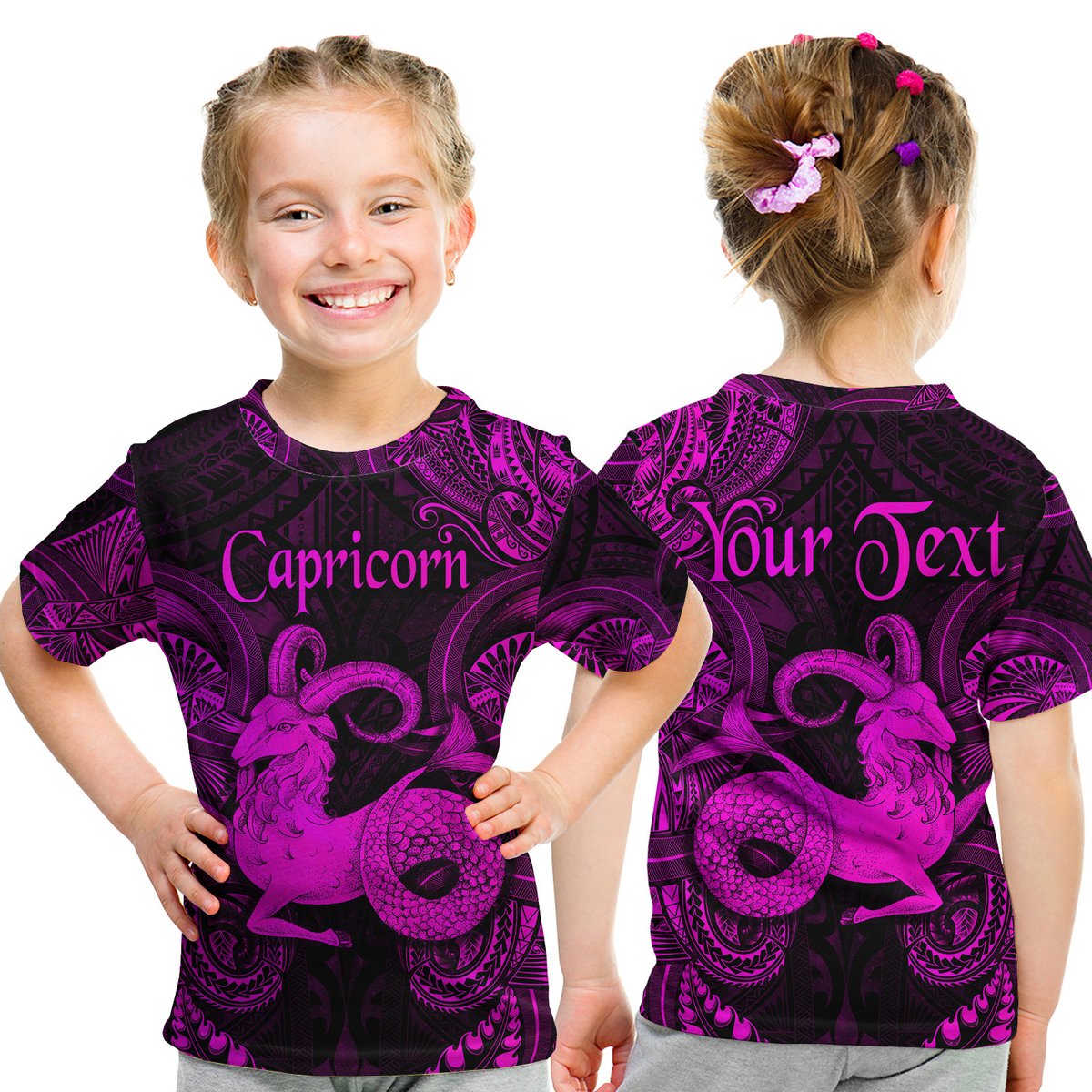 (Custom Personalised) Capricorn Zodiac Polynesian T Shirt Kid Unique Style - Pink LT8 Youth XL Size14 - Polynesian Pride