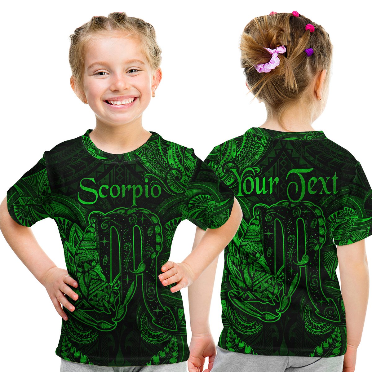 (Custom Personalised) Scorpio Zodiac Polynesian T Shirt Kid Unique Style - Green LT8 Youth XL Size14 - Polynesian Pride