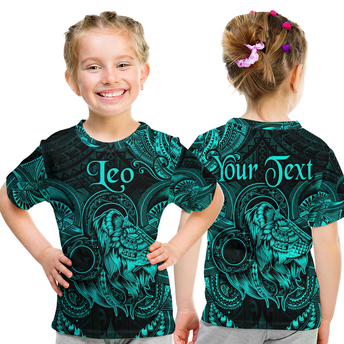 (Custom Personalised) Leo Zodiac Polynesian T Shirt Kid Unique Style - Turquoise LT8 Youth XL Size14 - Polynesian Pride